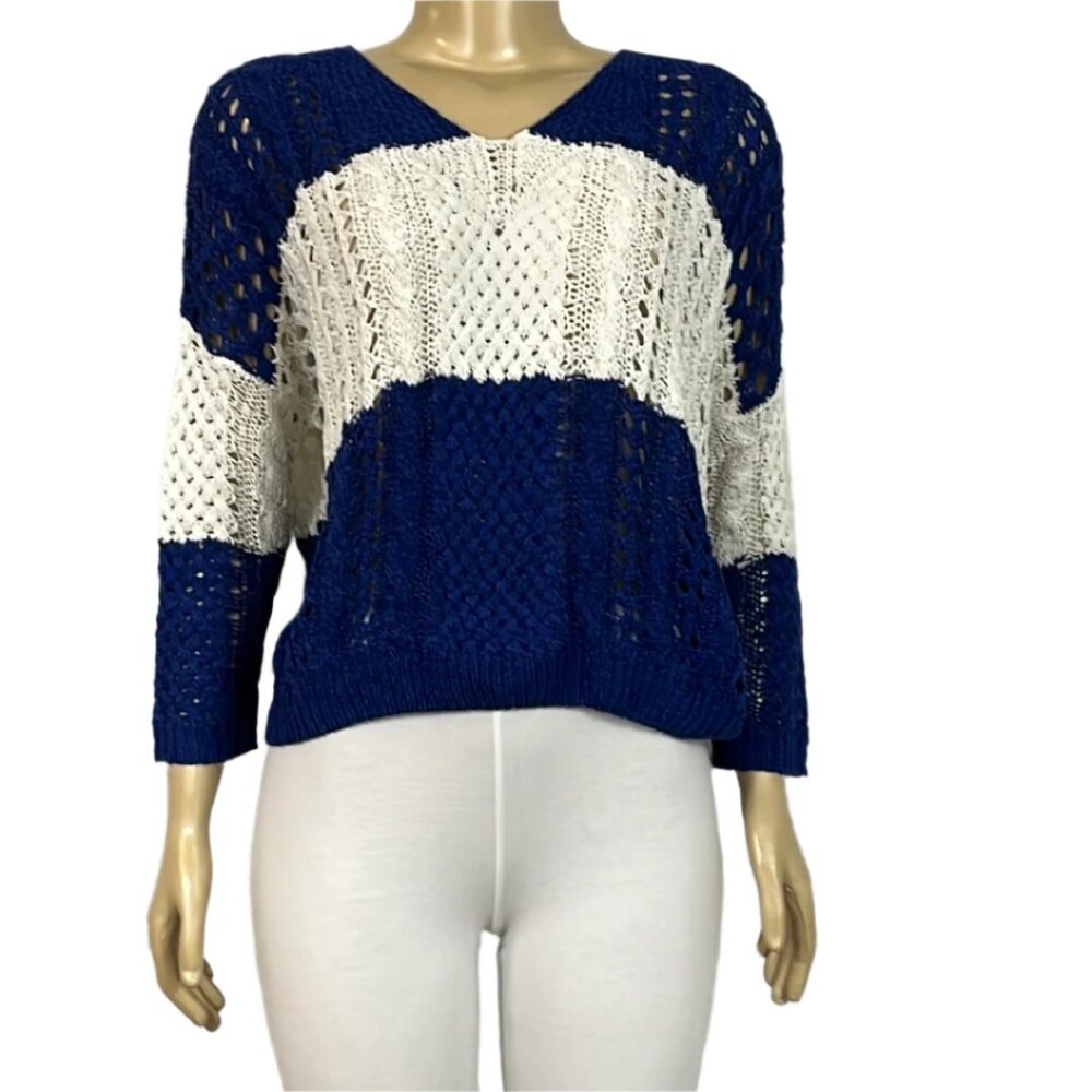 NWT Parkhurst Sweater Womens Medium Blue Open Knit 3/4 Sleeve